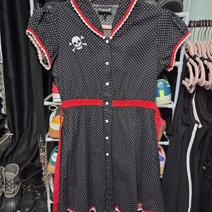 Sourpuss Black Polka Dot Dress with Red Trim. Size XL